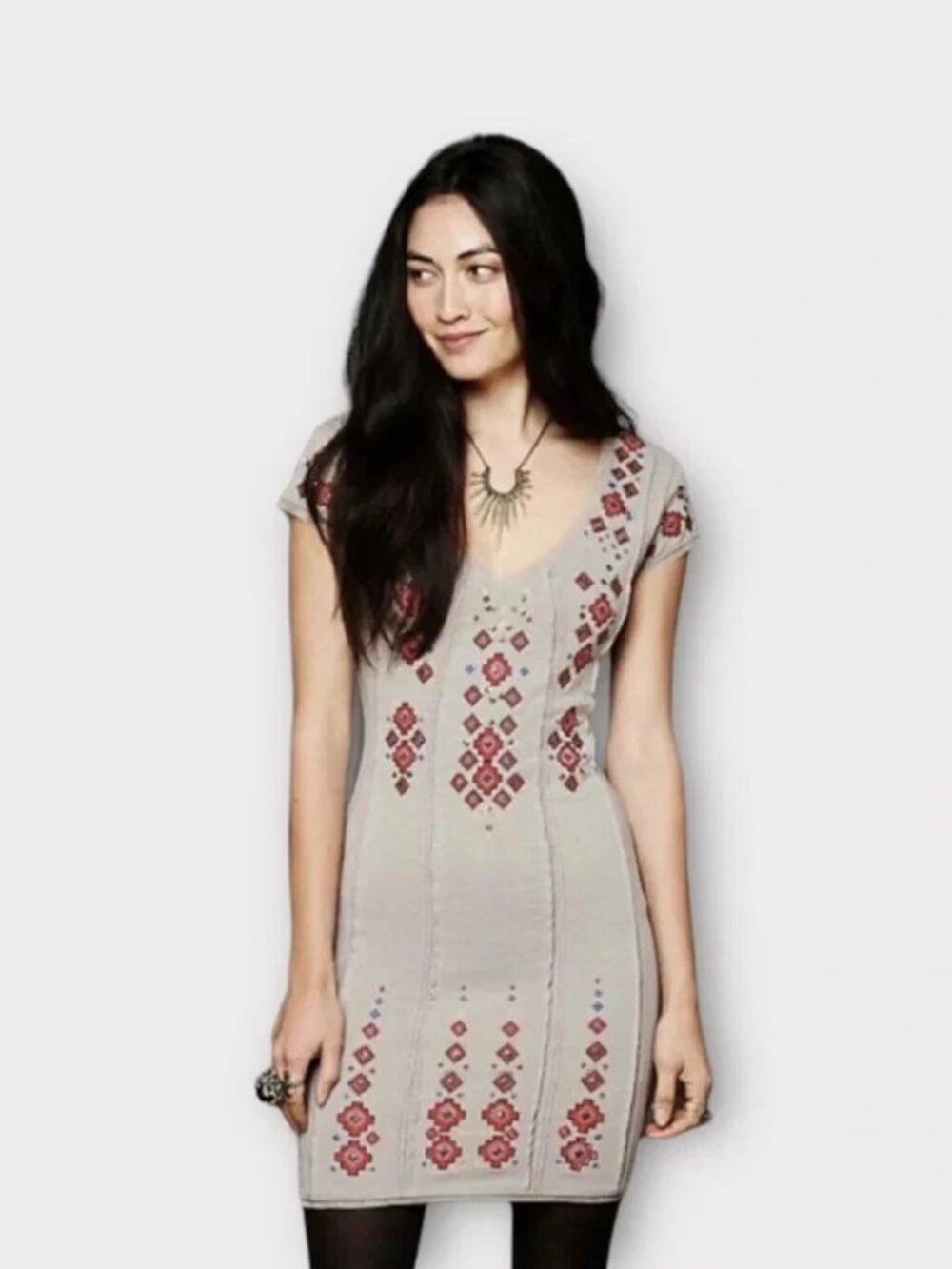 Free People Dress Med Rich In Embroidery Bodycon Mini Gray Sequin Mesh Trim Boho